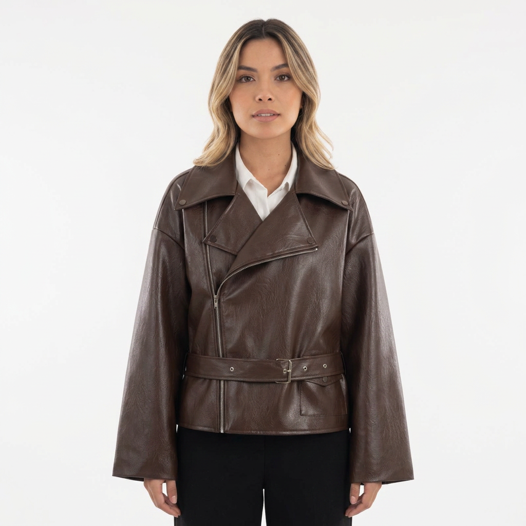 Cropped 3D-Texture Leather-Like Jacket
