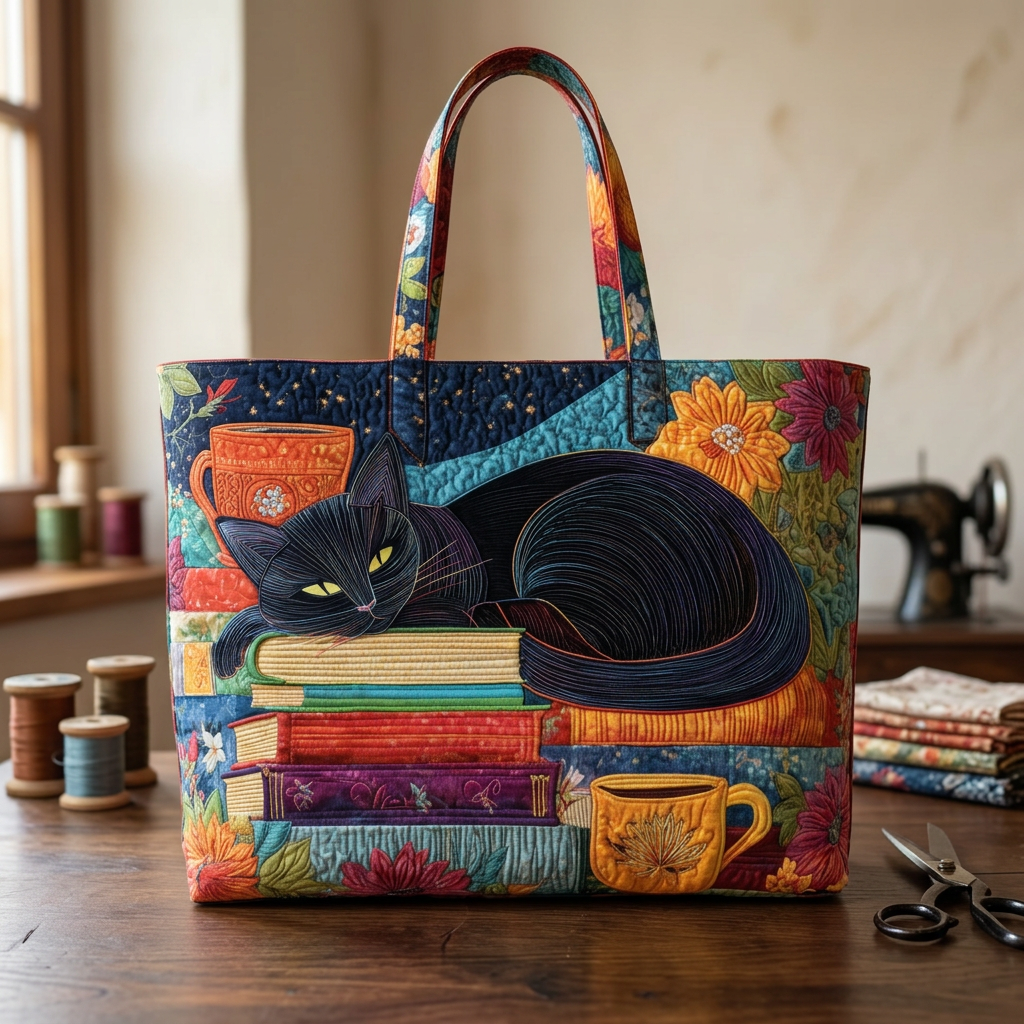 Women's Multicolor Quilted Tote Bag, Cat And Books Design