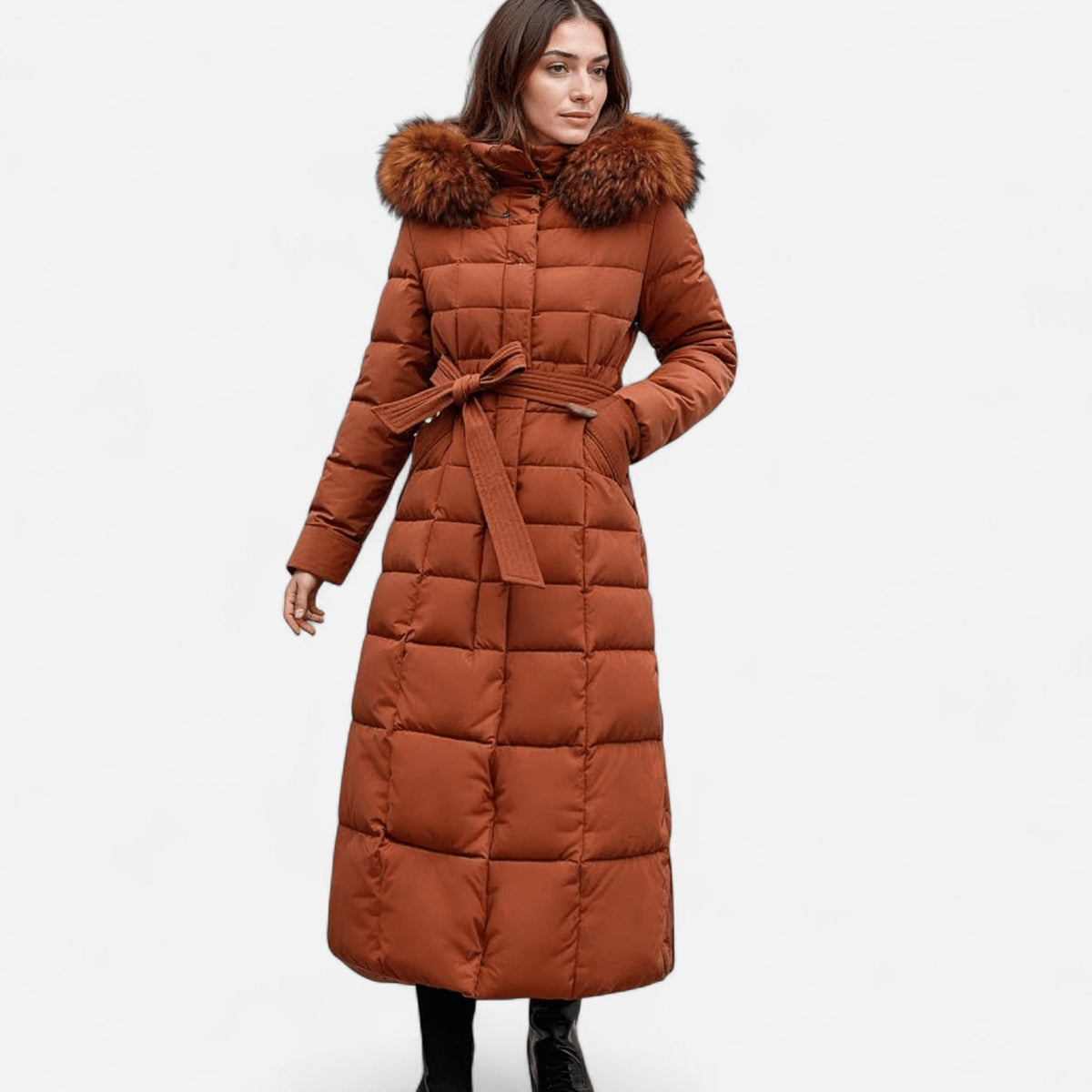 Molly | Womens Long Puffer Coat with Faux Fur Hood | Belted, Water-Resistant | Black, Red, Caramel and More S-3XL