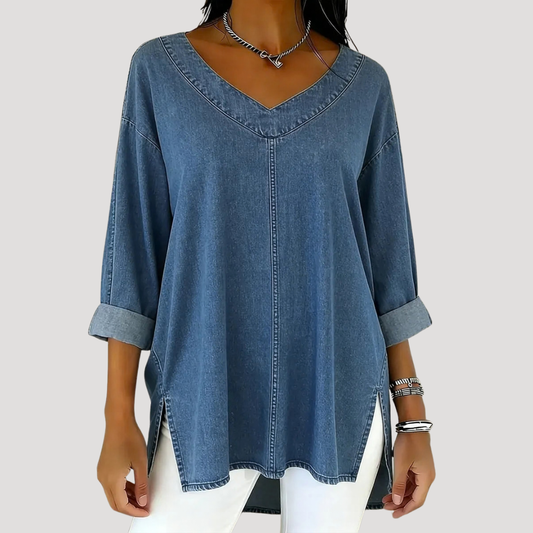 Women's V-Neck Tunic Top with Roll-Up Long Sleeves | Hip-Covering Length to Wear with Leggings | Size S-3XL, 6 Colors