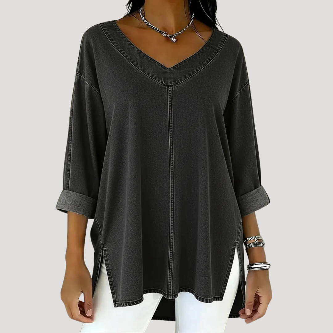 Women's V-Neck Tunic Top with Roll-Up Long Sleeves | Hip-Covering Length to Wear with Leggings | Size S-3XL, 6 Colors