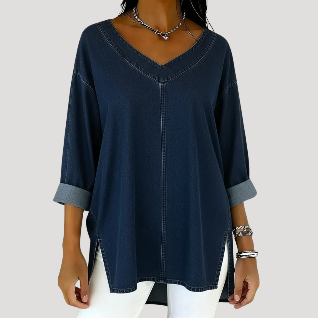 Women's V-Neck Tunic Top with Roll-Up Long Sleeves | Hip-Covering Length to Wear with Leggings | Size S-3XL, 6 Colors