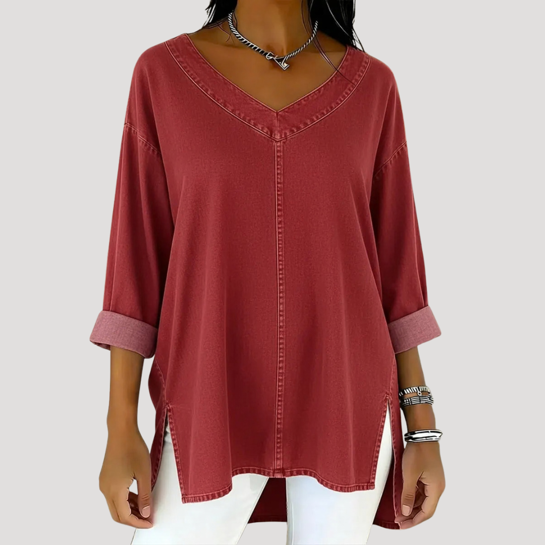 Women's V-Neck Tunic Top with Roll-Up Long Sleeves | Hip-Covering Length to Wear with Leggings | Size S-3XL, 6 Colors