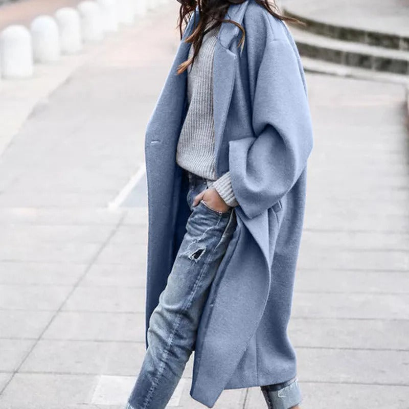Women's Long Collar Coat with Belted Waist