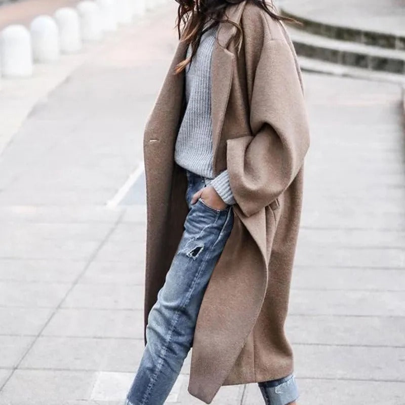Women's Long Collar Coat with Belted Waist