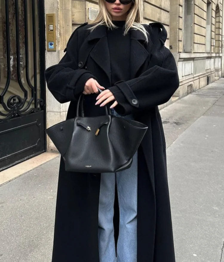 Cheri | Womens Double-Breasted Trench Coat with Belted Waist | Military Style Epaulettes, Long Length | Black S-L