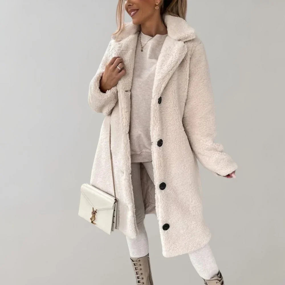Maisie | Women's Longline Teddy Coat with Lapel Collar and Button Closure