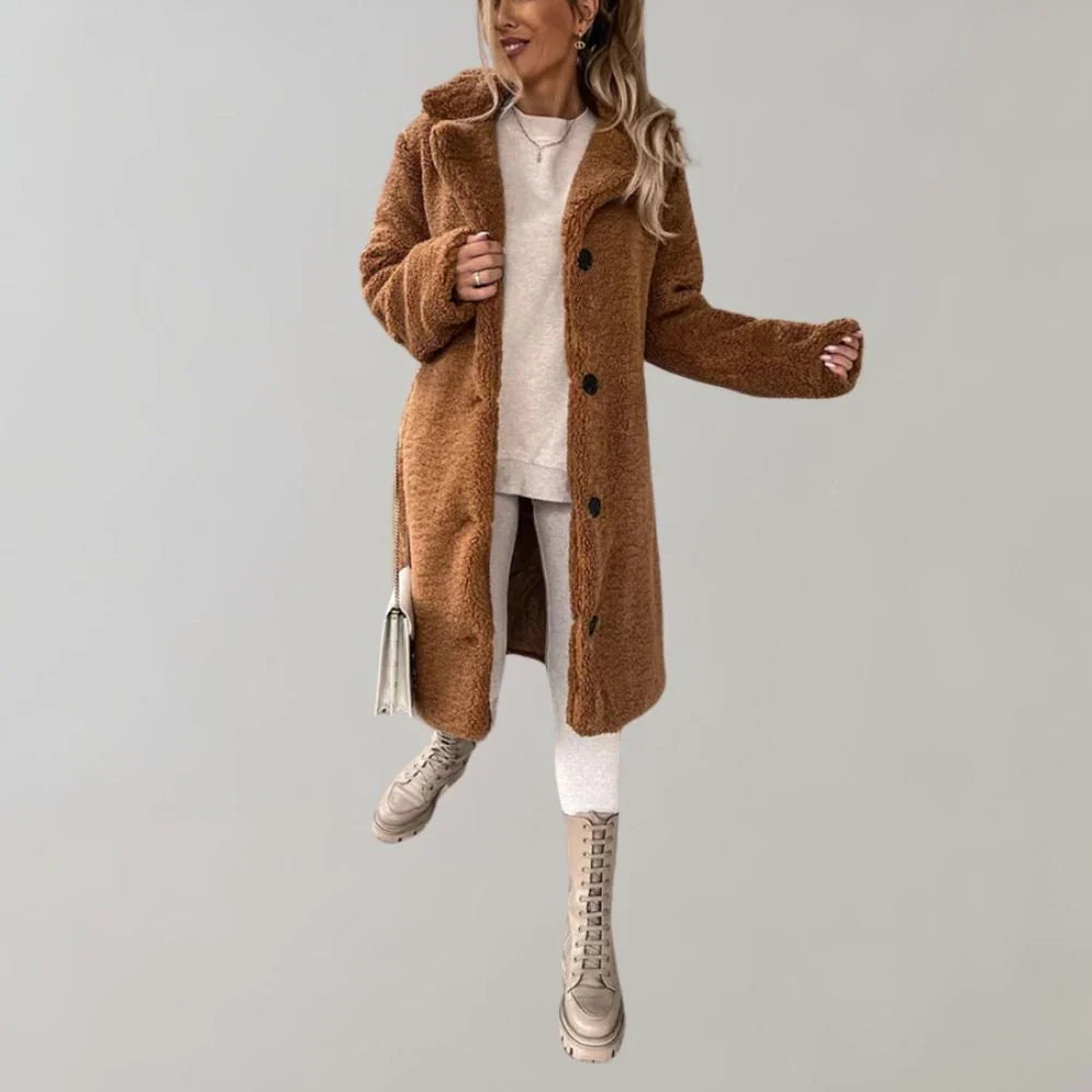 Maisie | Women's Longline Teddy Coat with Lapel Collar and Button Closure