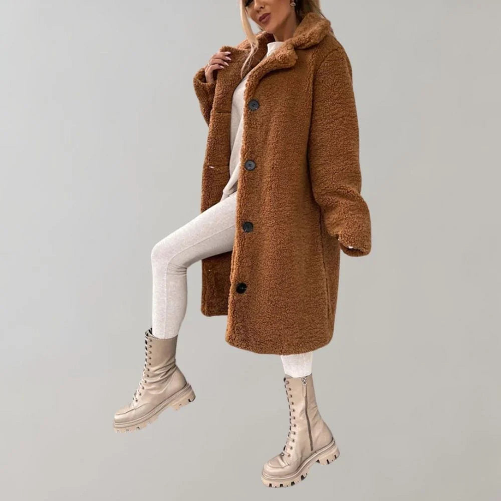 Maisie | Women's Longline Teddy Coat with Lapel Collar and Button Closure