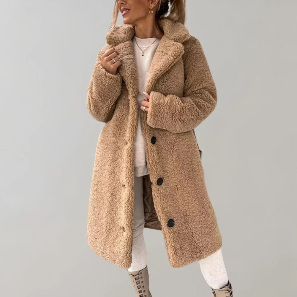 Maisie | Women's Longline Teddy Coat with Lapel Collar and Button Closure