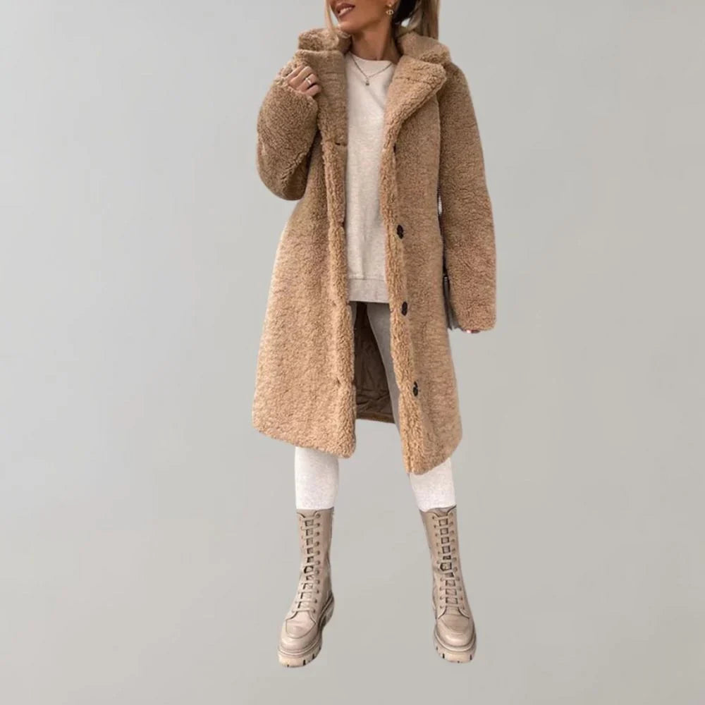 Maisie | Women's Longline Teddy Coat with Lapel Collar and Button Closure
