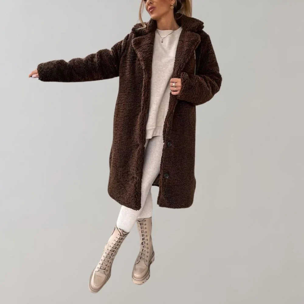 Maisie | Women's Longline Teddy Coat with Lapel Collar and Button Closure