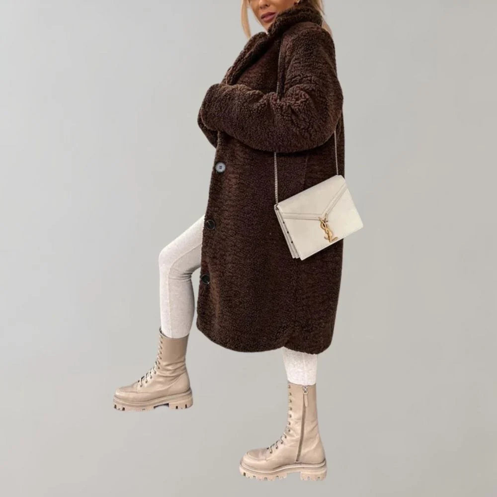 Maisie | Women's Longline Teddy Coat with Lapel Collar and Button Closure