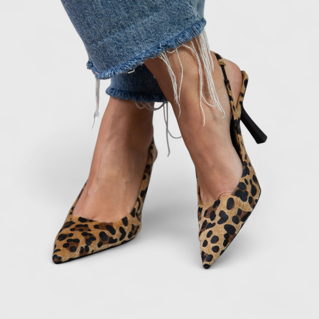 Women's Leopard Print Slingback Pumps for Work and Evening | Stiletto Heel, Tapered Toe, Back Strap | Size 6-10.5