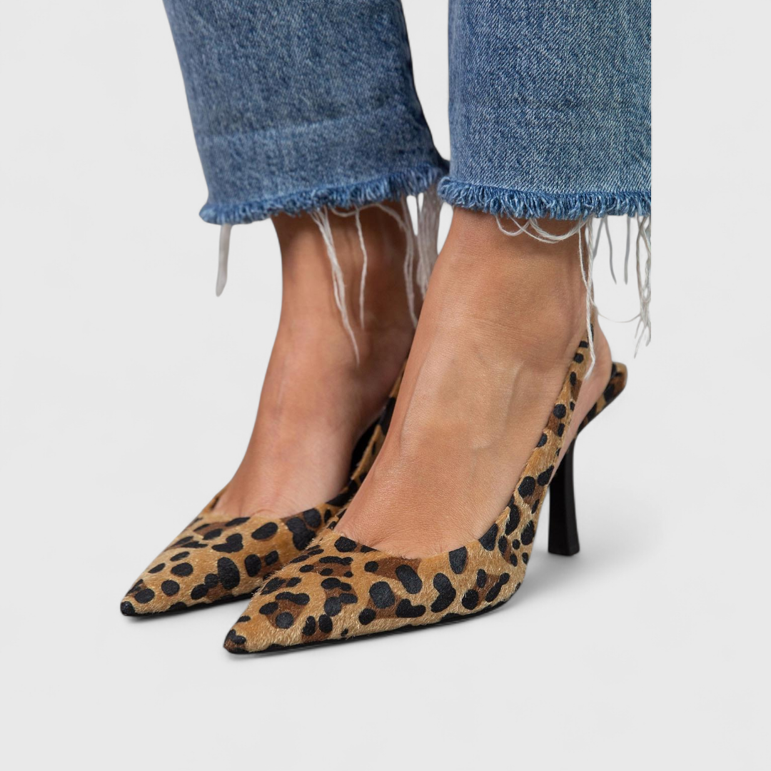Women's Leopard Print Slingback Pumps for Work and Evening | Stiletto Heel, Tapered Toe, Back Strap | Size 6-10.5