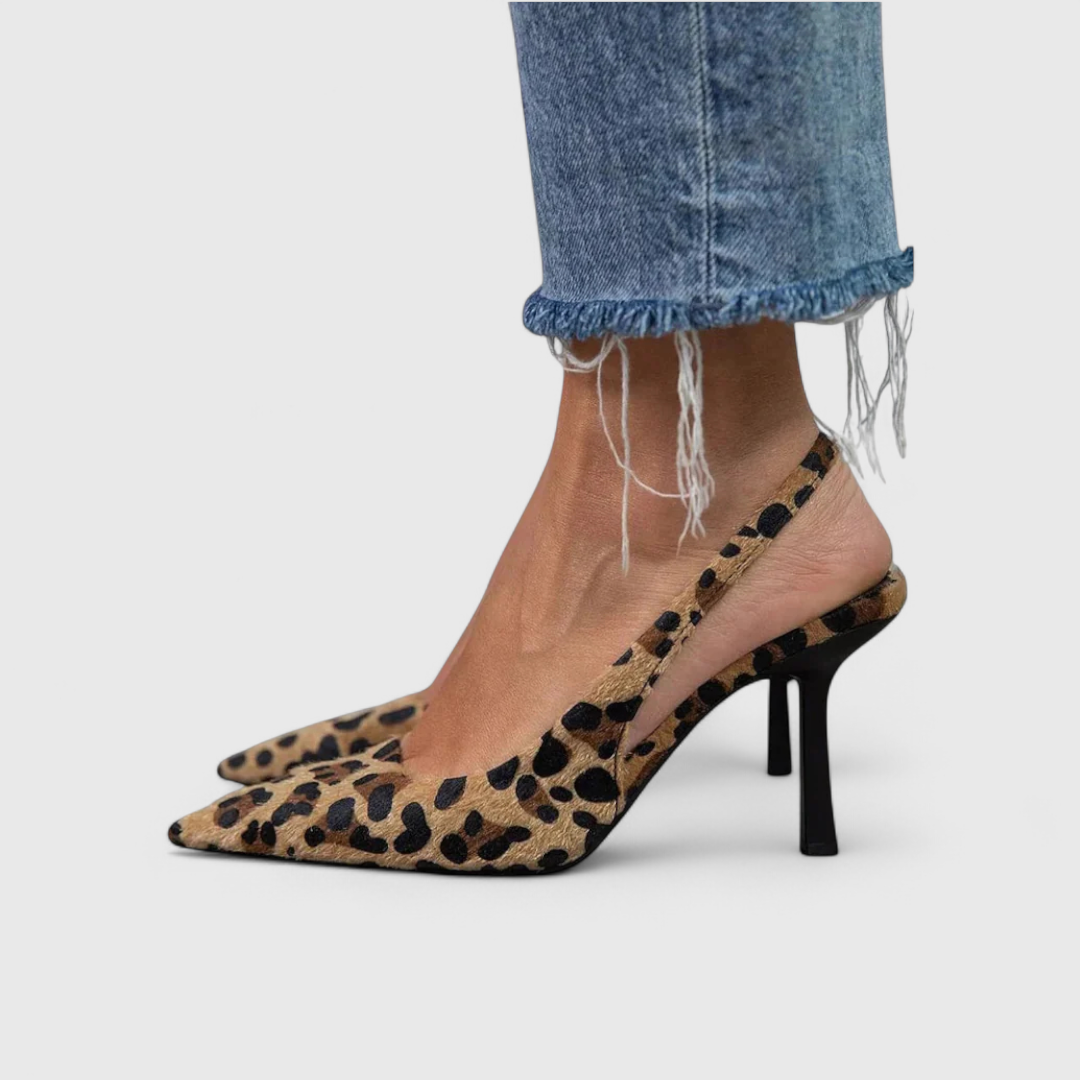 Women's Leopard Print Slingback Pumps for Work and Evening | Stiletto Heel, Tapered Toe, Back Strap | Size 6-10.5