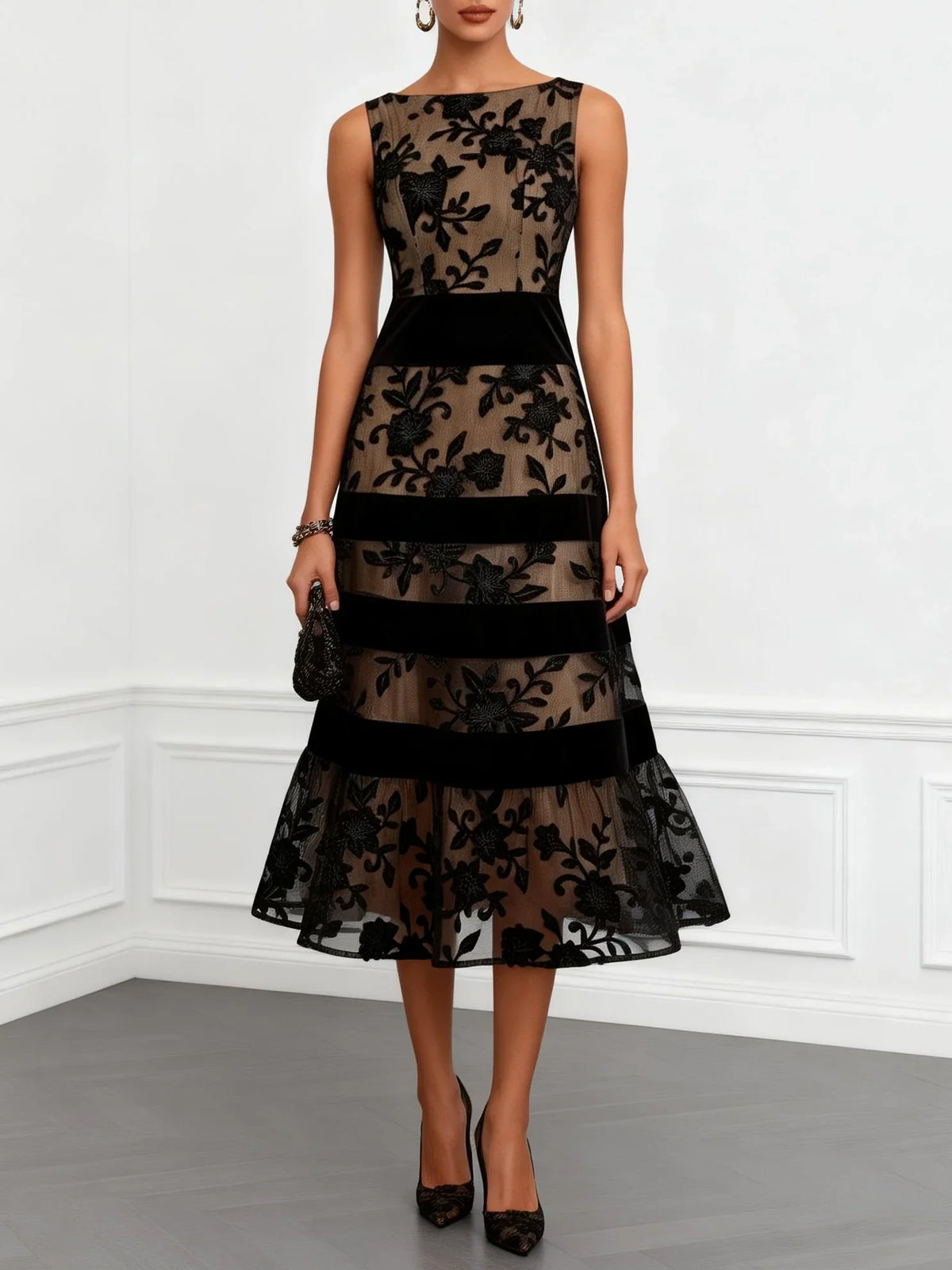 Margaret | Sleeveless Boat Neck Black Floral Wedding Guest Midi Dress