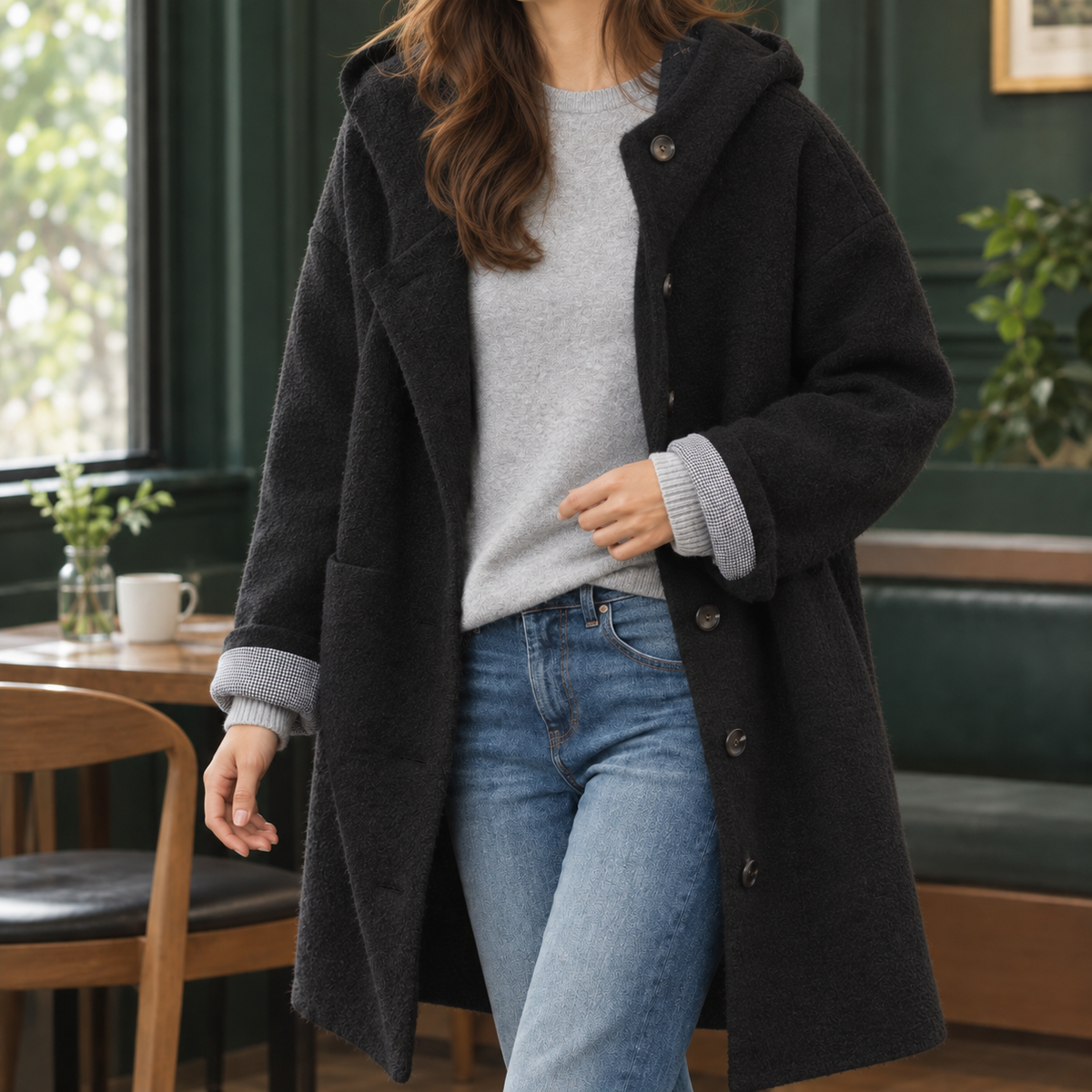 Nerea Hooded Boucle Button-Front Coat