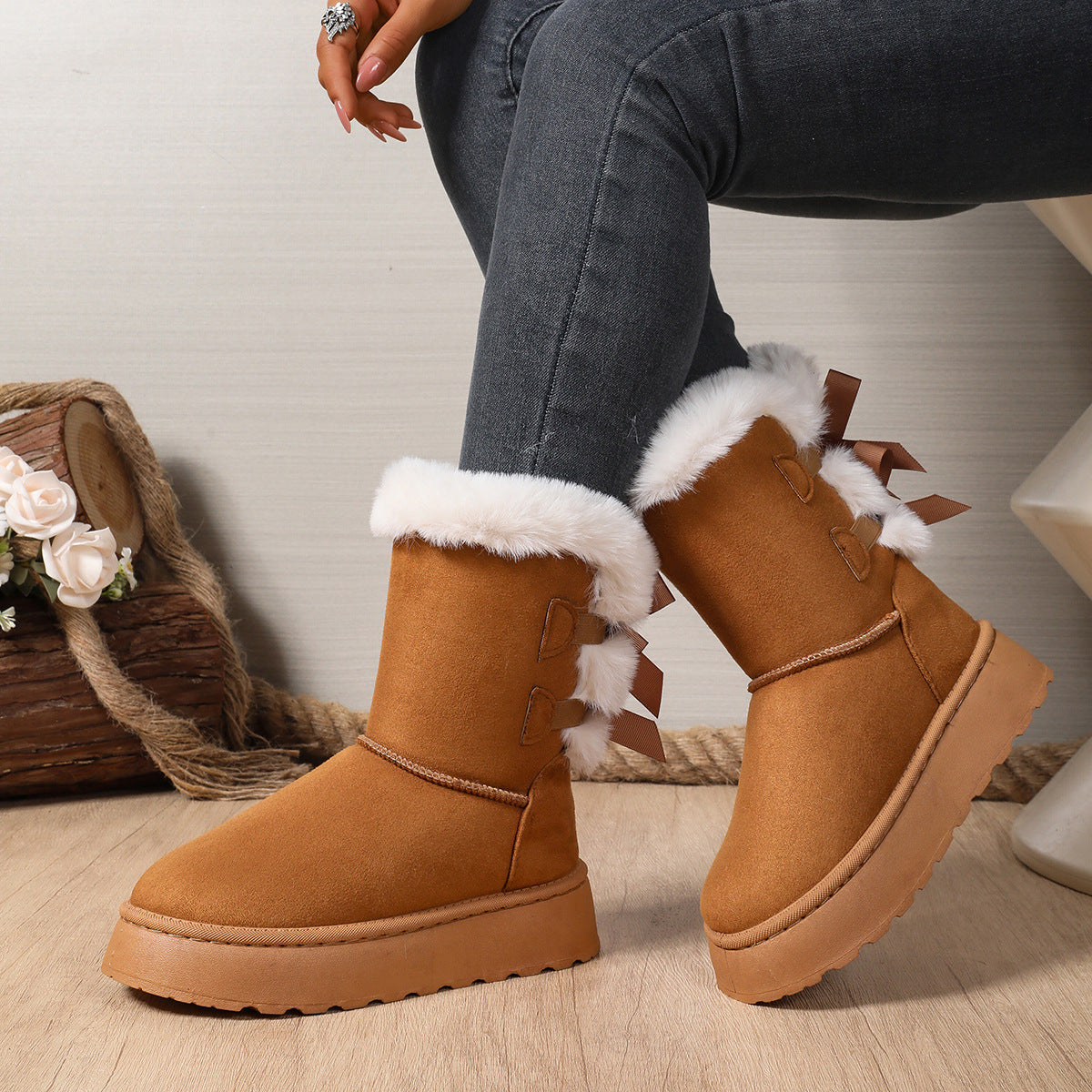 Delia Bow-Back Plush Cuff Platform Snow Boots