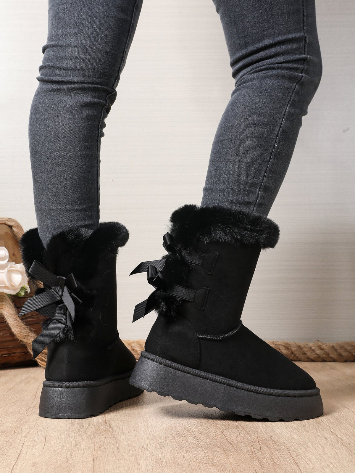 Delia Bow-Back Plush Cuff Platform Snow Boots