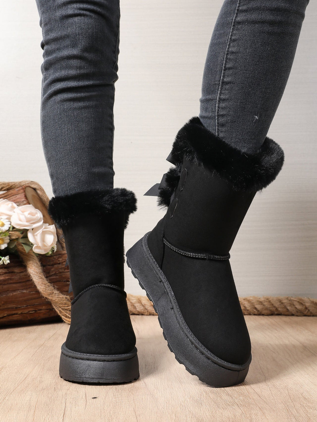 Delia Bow-Back Plush Cuff Platform Snow Boots