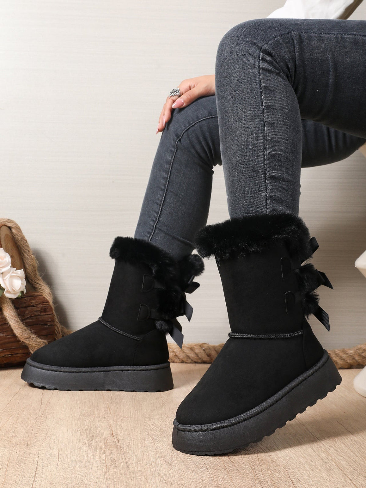 Delia Bow-Back Plush Cuff Platform Snow Boots