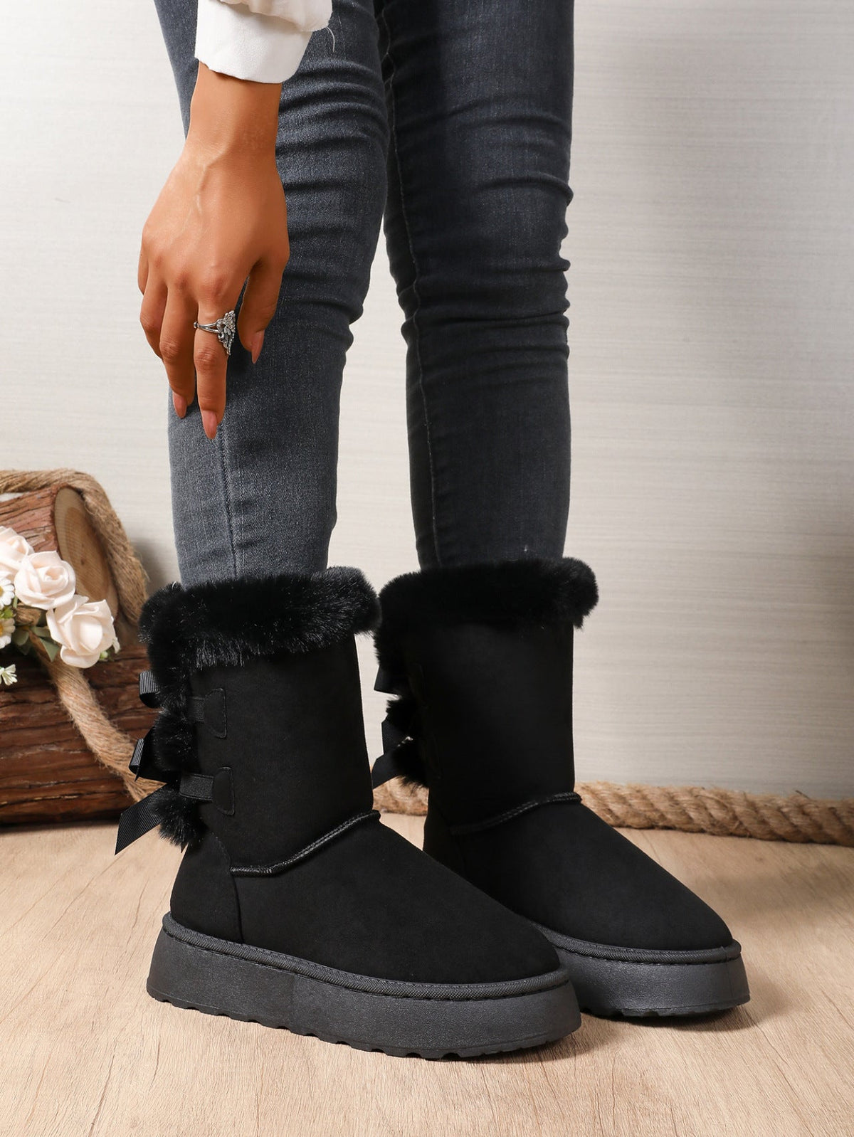Delia Bow-Back Plush Cuff Platform Snow Boots