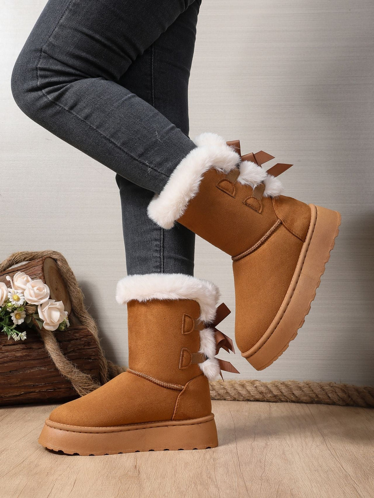 Delia Bow-Back Plush Cuff Platform Snow Boots