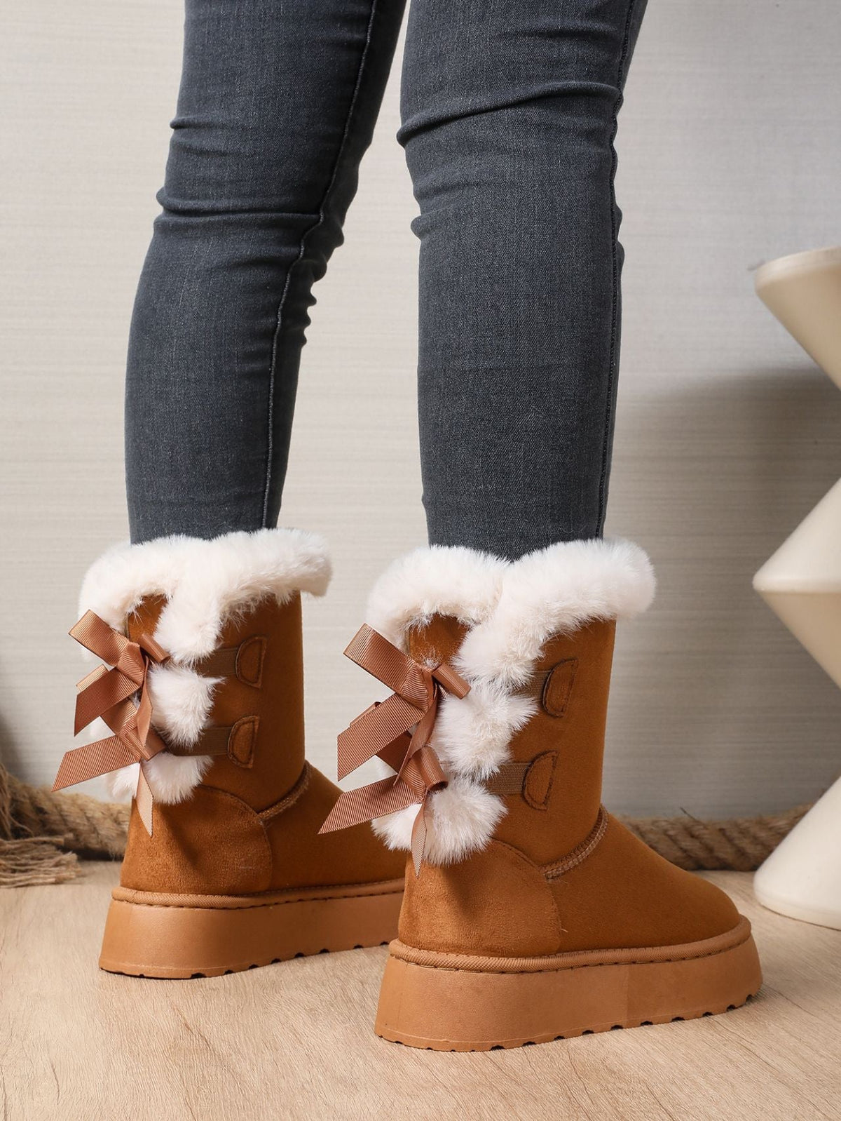 Delia Bow-Back Plush Cuff Platform Snow Boots