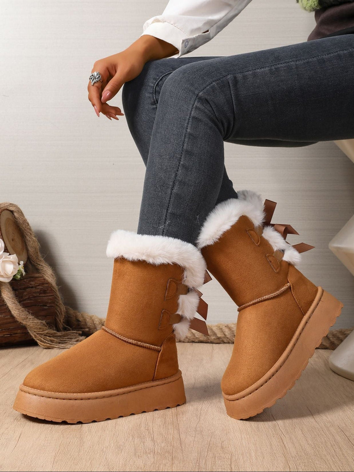 Delia Bow-Back Plush Cuff Platform Snow Boots