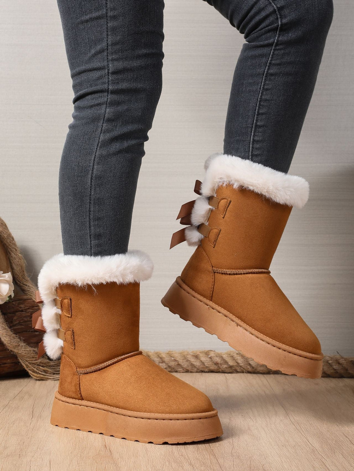 Delia Bow-Back Plush Cuff Platform Snow Boots
