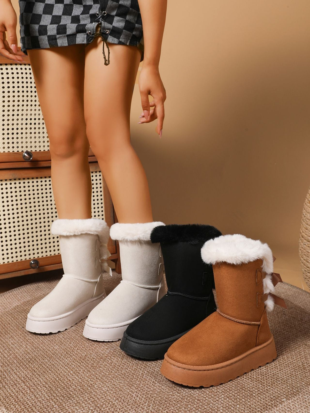 Delia Bow-Back Plush Cuff Platform Snow Boots