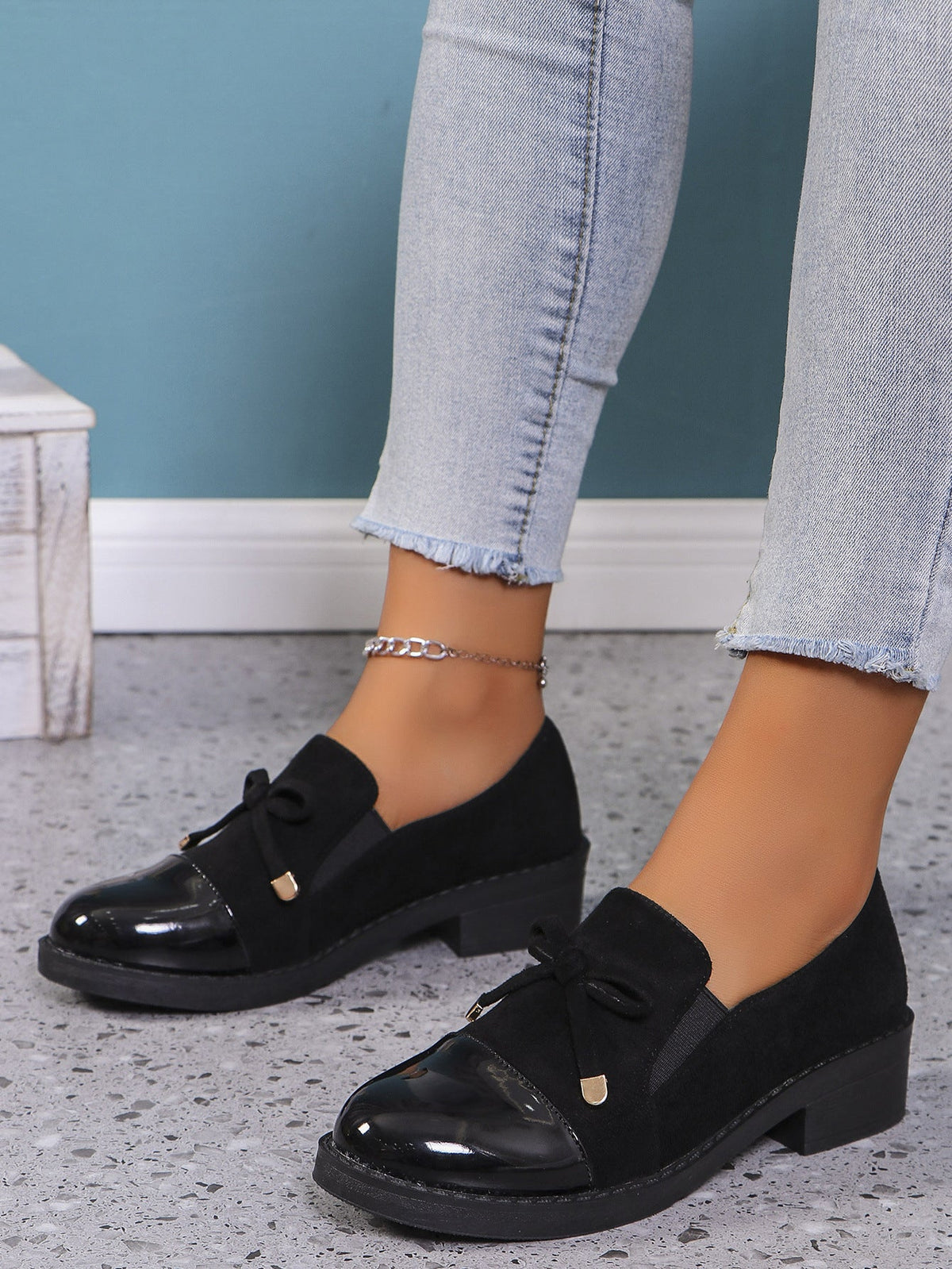 Ilse Bow Patent Cap-Toe Block Heel Loafers