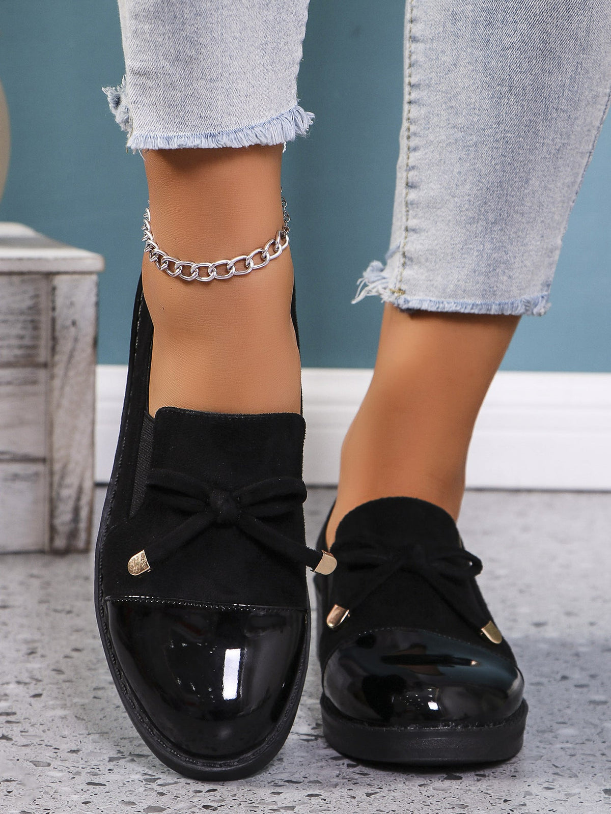Ilse Bow Patent Cap-Toe Block Heel Loafers