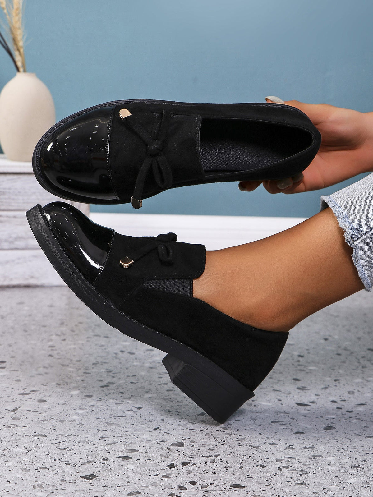 Ilse Bow Patent Cap-Toe Block Heel Loafers