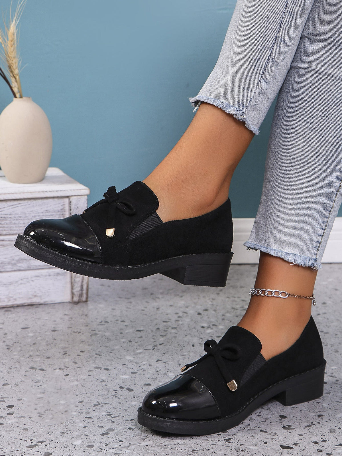 Ilse Bow Patent Cap-Toe Block Heel Loafers