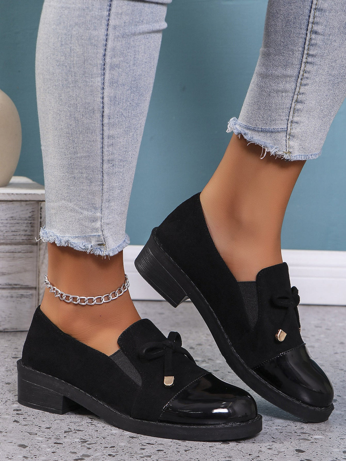 Ilse Bow Patent Cap-Toe Block Heel Loafers