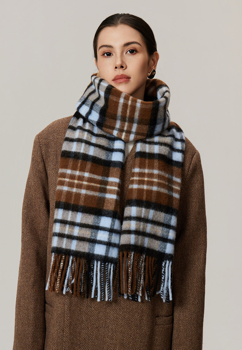 Thea Brushed Plaid Lamb Wool Fringed Scarf