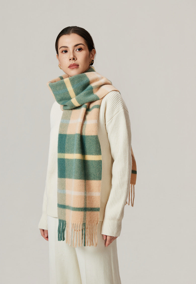 Thea Brushed Plaid Lamb Wool Fringed Scarf