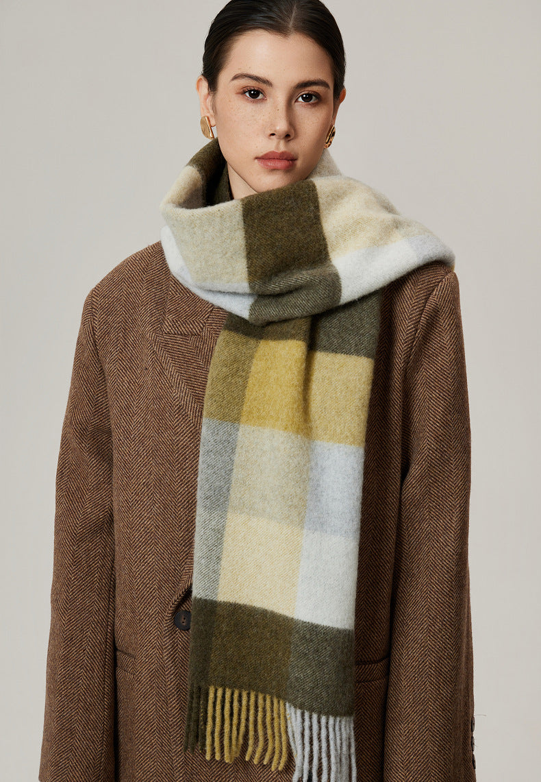Thea Brushed Plaid Lamb Wool Fringed Scarf