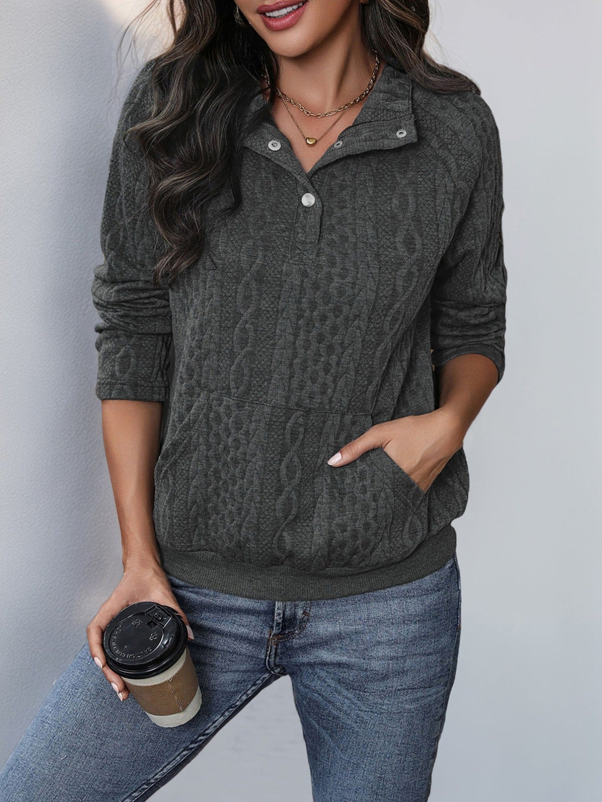 Edda Cable-Texture Button-Neck Sweatshirt