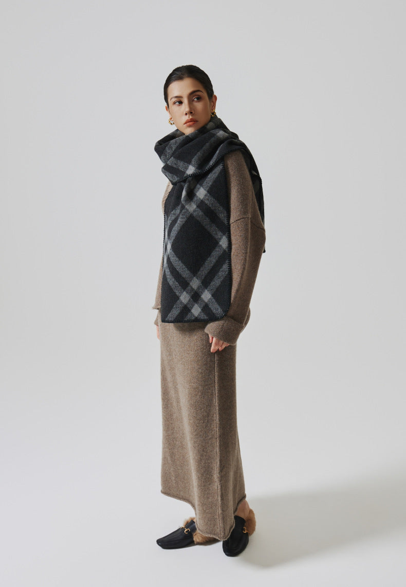 Damaris Check Blanket Stitch Long Scarf