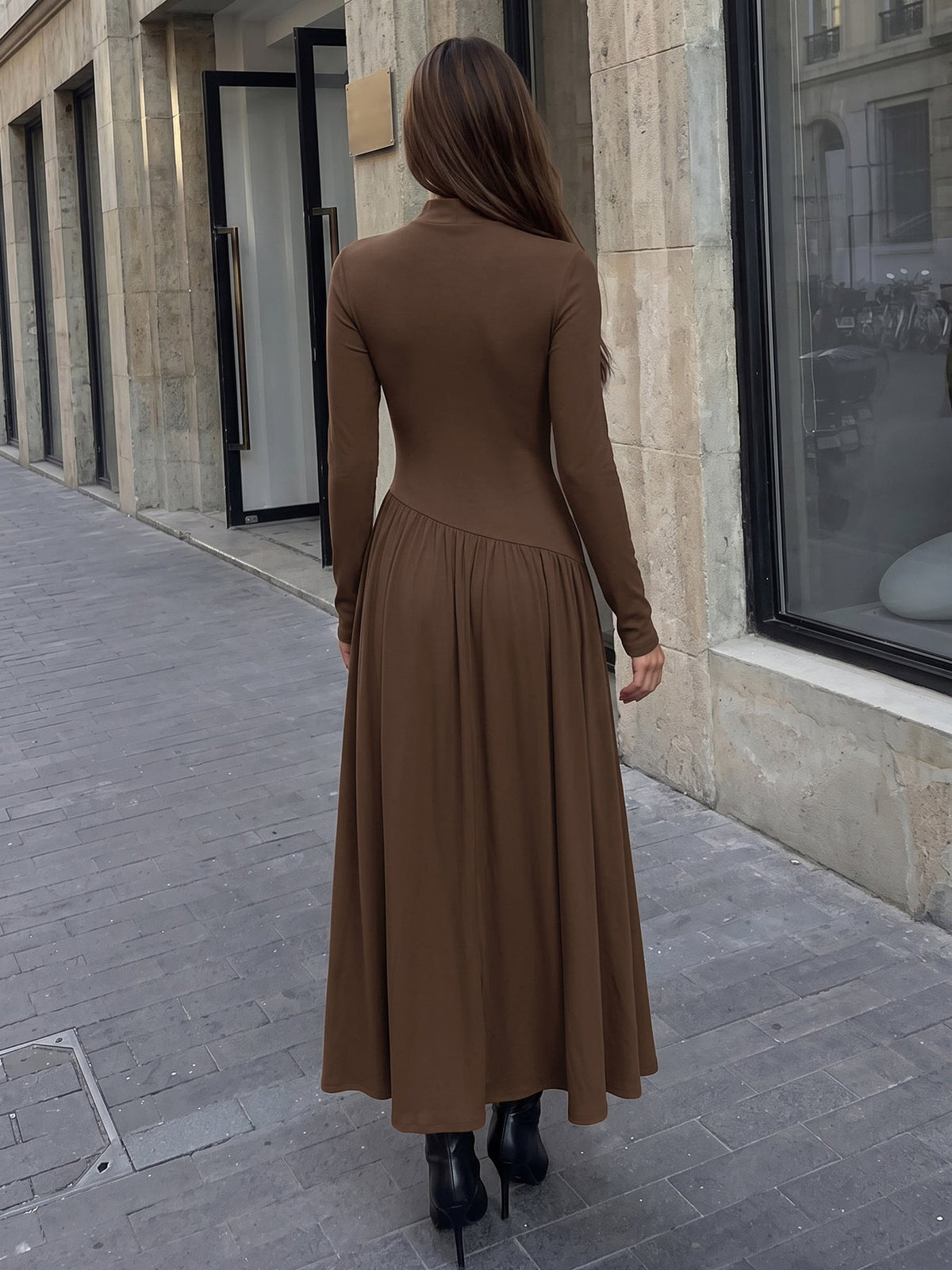 Oona Mock Neck Drop-Waist Long Sleeve Maxi Dress