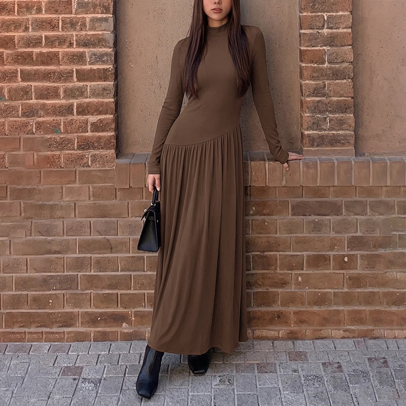 Oona Mock Neck Drop-Waist Long Sleeve Maxi Dress