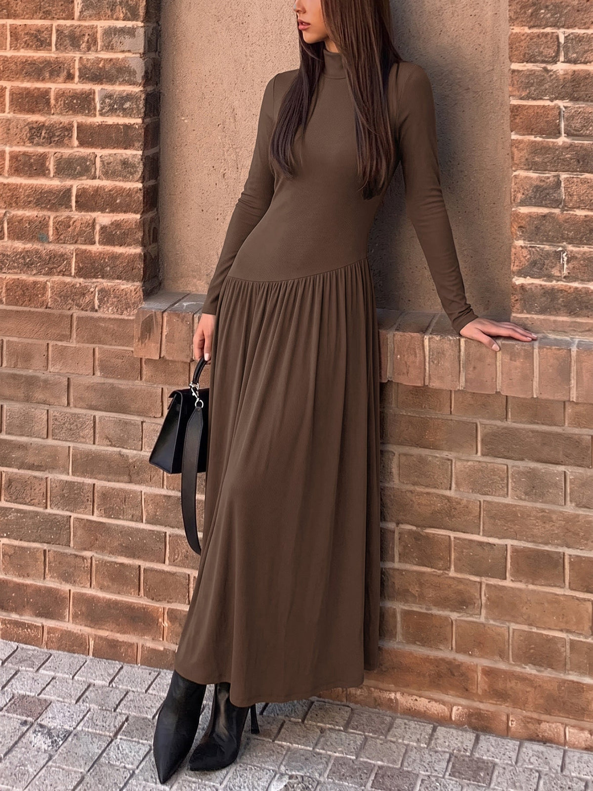 Oona Mock Neck Drop-Waist Long Sleeve Maxi Dress