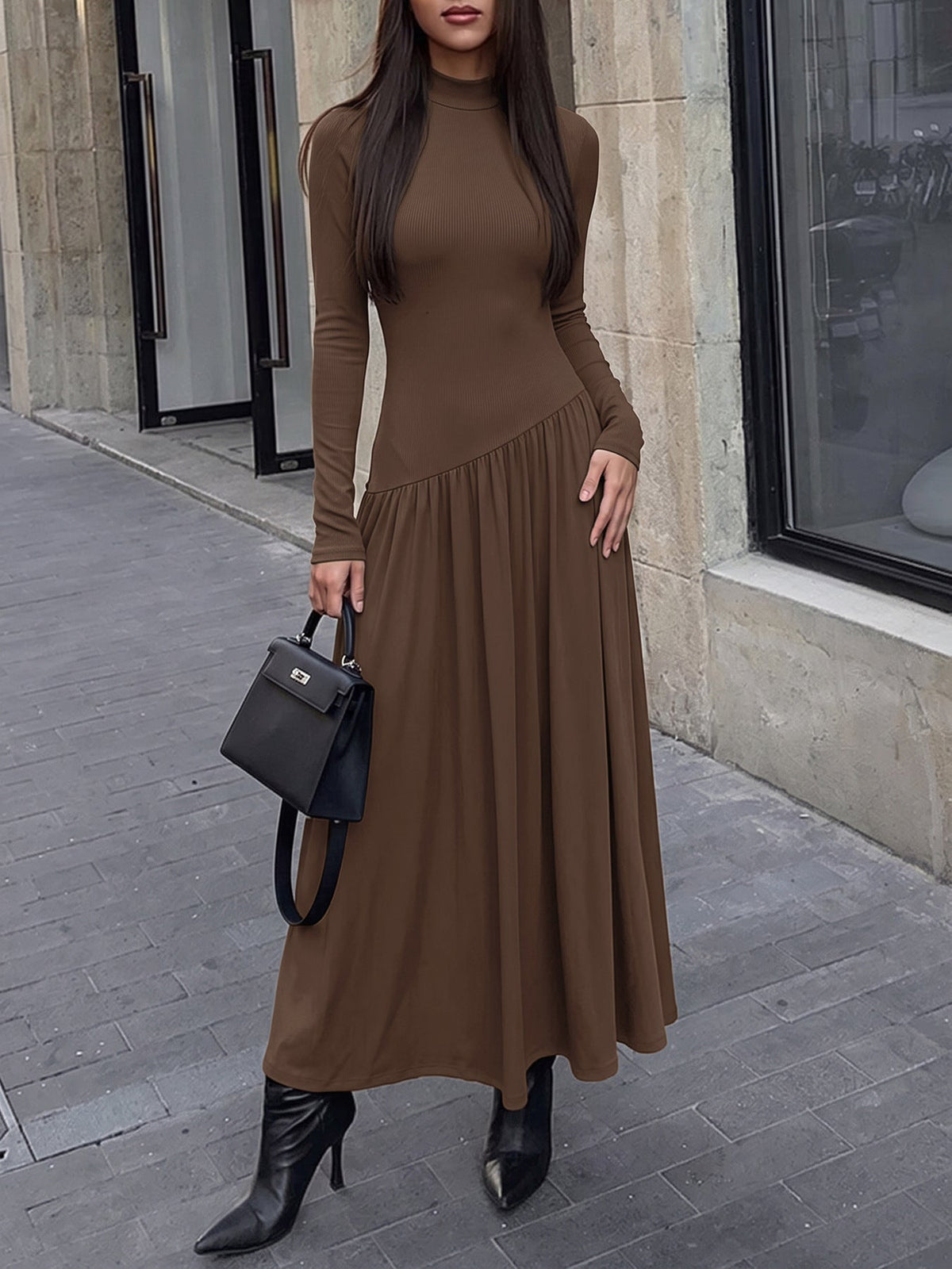 Oona Mock Neck Drop-Waist Long Sleeve Maxi Dress