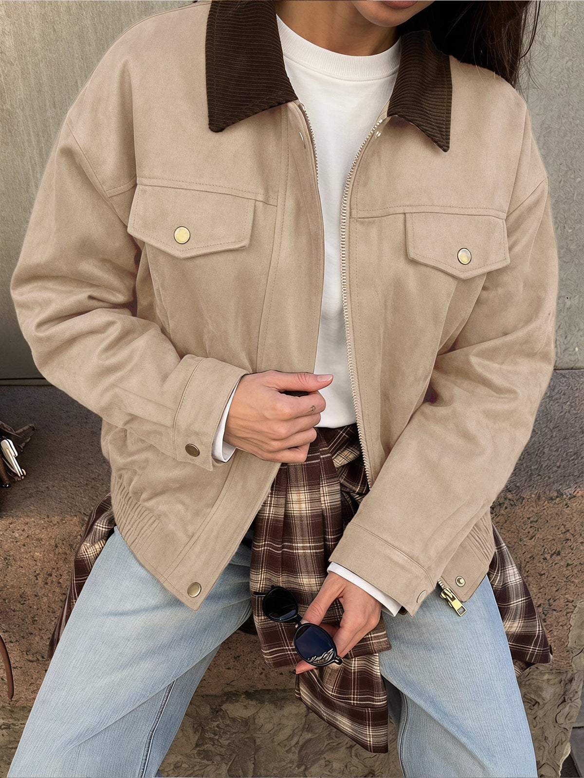 Greta Faux Suede Corduroy-Collar Jacket