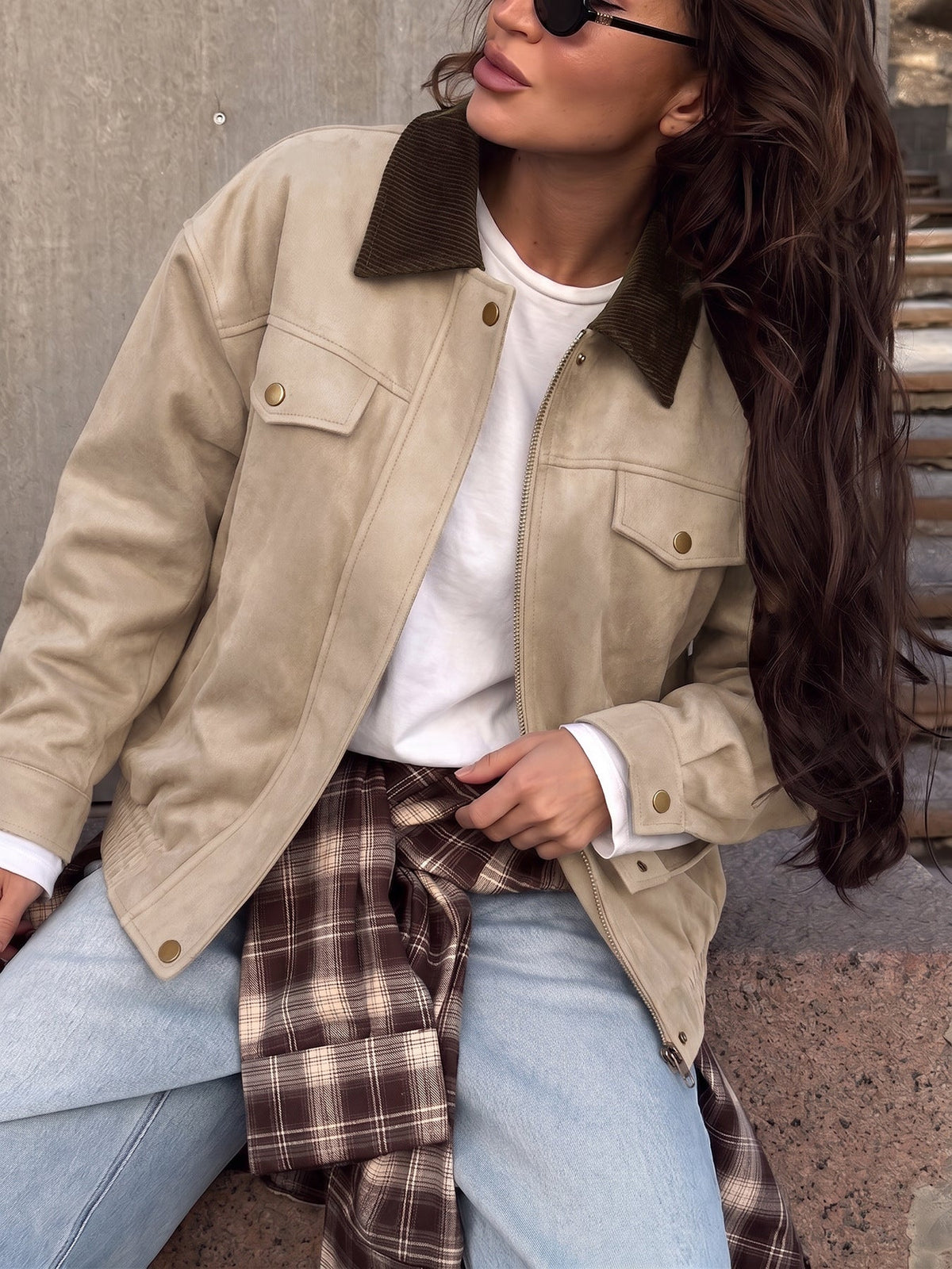 Greta Faux Suede Corduroy-Collar Jacket
