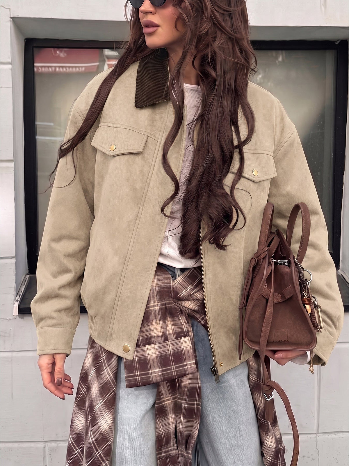 Greta Faux Suede Corduroy-Collar Jacket