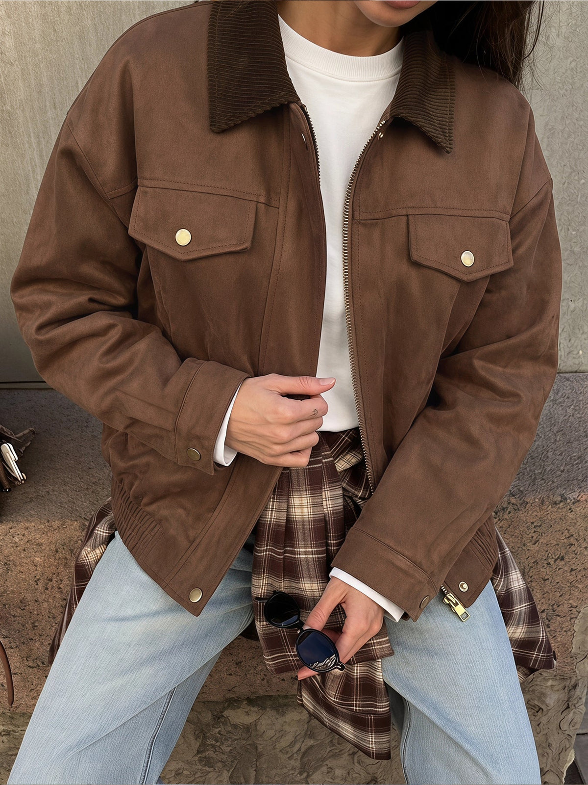 Greta Faux Suede Corduroy-Collar Jacket